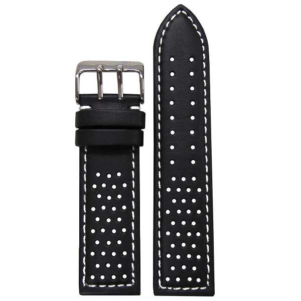 Malla Rally cuero negro perforado con pespunte blanco