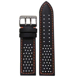 Malla Rally cuero negro perforado con pespunte naranja